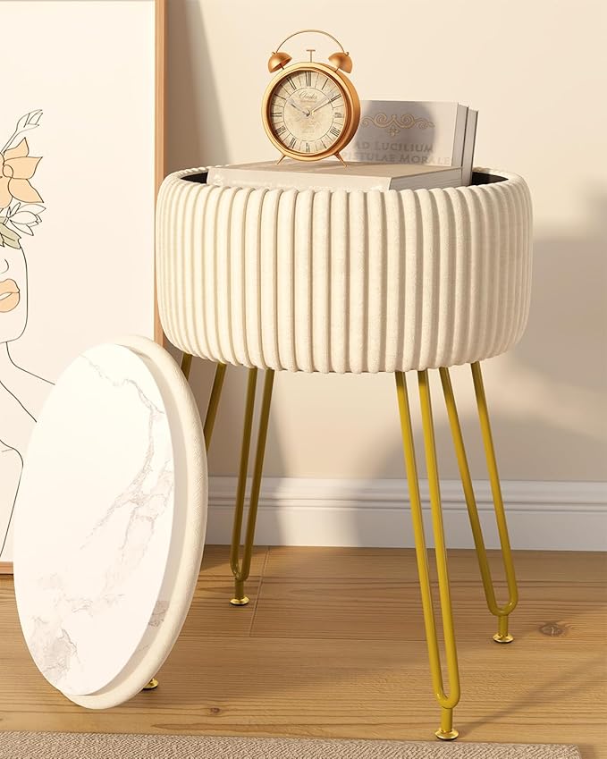 IBUYKE Velvet Storage Footrest Stool Ottoman, Makeup Vanity Stool Side Table with Golden Steel Legs Removable Cover, Coffee Table Top Cover, Creamy-White LG-20M