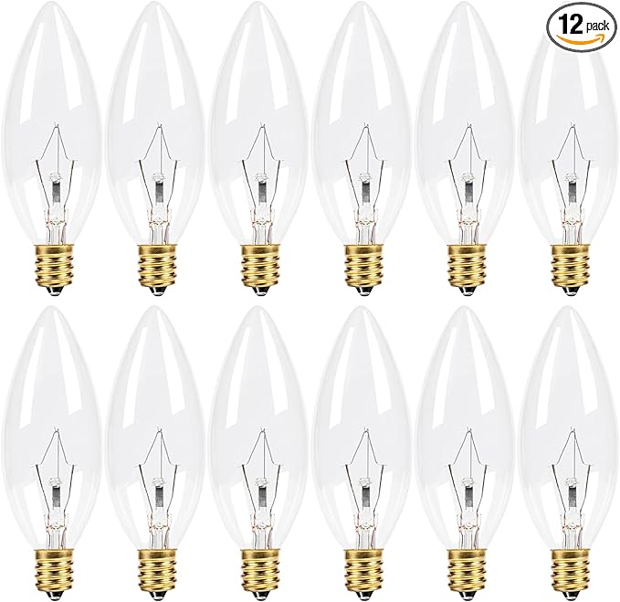 12-Pack E12 Candelabra Light Bulbs 40W, Dimmable Warm White 2500K Chandelier Light Bulbs for Ceiling Fan or Pendants, B10 Clear Candle Bulbs (Gold Base)