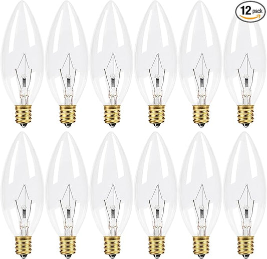 12-Pack E12 Candelabra Light Bulbs 40W, Dimmable Warm White 2500K Chandelier Light Bulbs for Ceiling Fan or Pendants, B10 Clear Candle Bulbs (Gold Base)