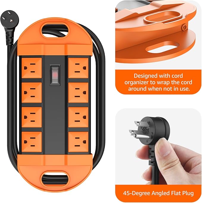CCCEI Outdoor Power Strip Weatherproof with 8 Plug, Waterproof Extension Cord with Multiple Outlets, Christmas Exterior Garden Yard Surge Protector 25FT, Orange.