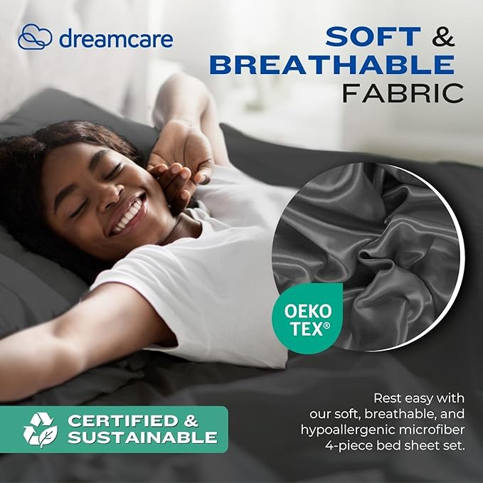 DREAMCARE King Size Sheets Set - Cooling Bed Sheets - 4pcs Set - up to 15" Deep Pocket King Sheet Set – Soft & Long Lasting Cooling - 100% Fine Brushed Polyester with Side Pocket - Gray
