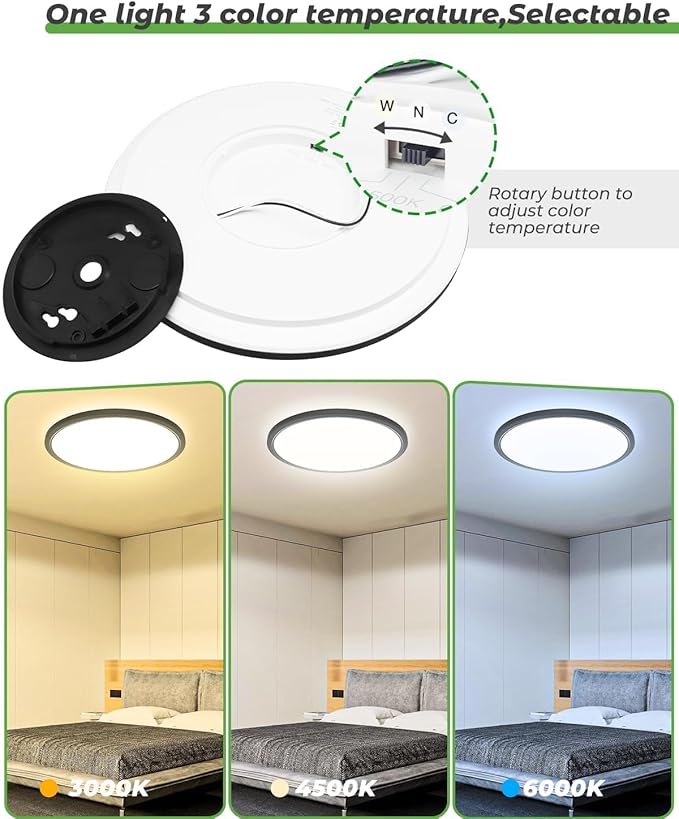 zemty 16.5 Inch LED Ceiling Light Flush Mount, 36W 4200lm Super Slim Flush Mount Ceiling Light Fixtures, 3000K/4500K/6000K Selectable Ceiling Lamp for Bedroom Kitchen Living Room (Black)