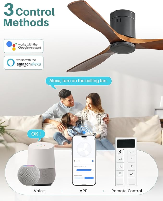 Sofucor 52 Inch Smart Ceiling Fan Without Lights Flush Mount Solid Wood Ceiling Fan with Alexa/Google Assistant/APP/Remote Control-Modern Outdoor Ceiling Fans No Light for Bedroom/Patio, Brown Black