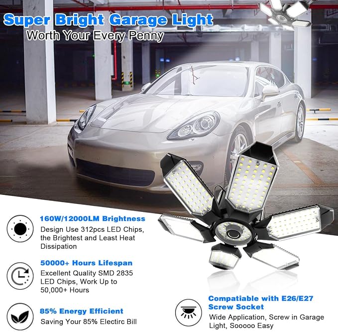 Garage Lights - 2Pack Super Bright 32000LM LED Garage Ceiling Light 6500K LED Shop Light w/ 6 Deformable Panels Screw in E26/E27 Socket Light Bulbs for Workshop Storage Warehouse Attic
