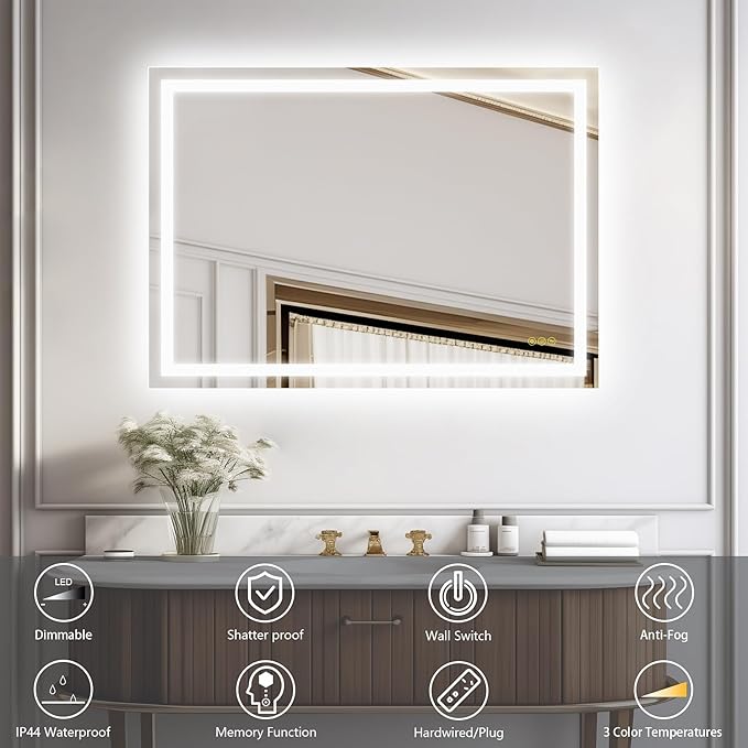 LED Bathroom Mirror with Lights 20x28 Inch, Stepless Dimmable Led Mirror for Bathroom Anti-Fog Memory Function Lighted Vanity Mirror Wall Mounted with Touch Button Horizontal/Vertical