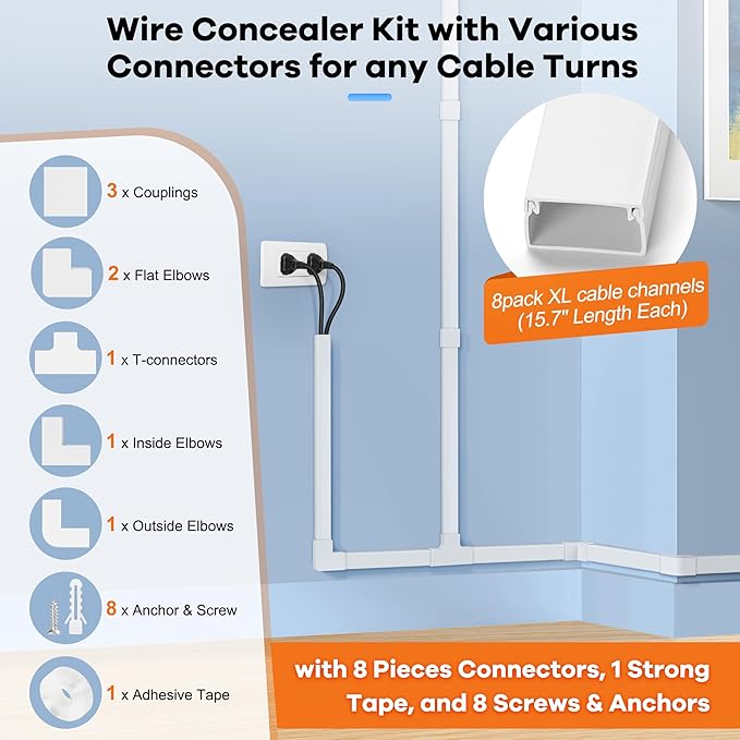 Cord Hider Kit 126in (8 x L15.7in) - ZhiYo Cable Covers for Wires on Wall, Wire Hider for Wall Mounted TV, White Cable Raceway, Paintable Cord Cover Cable Management for Home Office, W1.54in x H0.75in