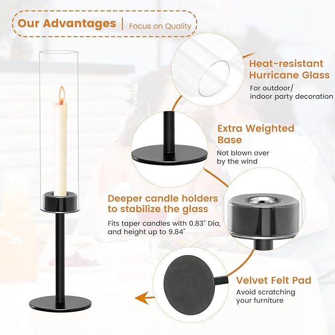 Taper Candle Holder Set, Black with Glass Hurricane – Modern Candlestick Holders for Dining Room Decor, Wedding Decor, Fall Centerpieces for Tables, Warmly Gift for Halloween and Christmas Season.