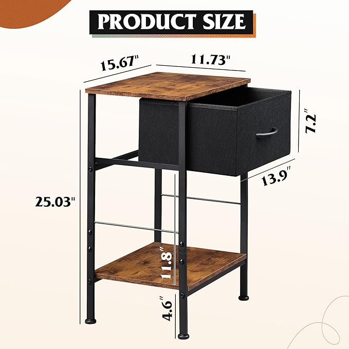 WLIVE Nightstand, End Table with Fabric Storage Drawer and Open Wood Shelf, Bedside Furniture with Steel Frame, Side Table for Bedroom, Dorm, Easy Assembly, Black and Rustic Brown, 25.0" Height