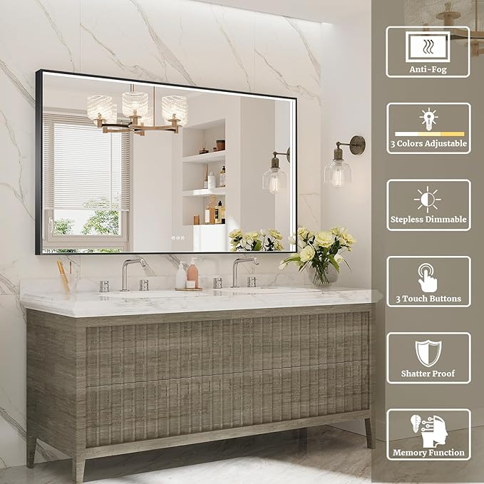 55x32 Inch LED Bathroom Mirror, Black Metal Framed Lighted Mirror for Bathroom, Wall Mouted LED Vanity Mirror with Lights, 3 Colors and Stepless Dimmable, Anti-Fog, Memory