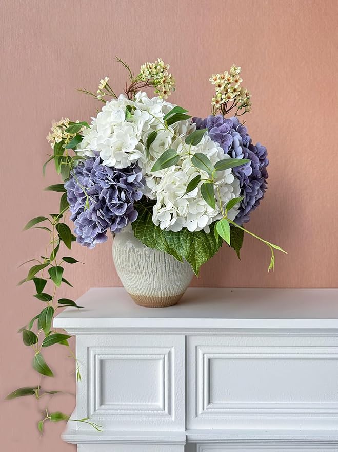 YalzoneMet 4 Pcs Hydrangea Artificial Flower Lifelike 21'' Long Stem Latex Real Touch Hydrangea for Xmas Home Party Kitchen Thanksgiving Table Centerpiec Christmas Decor 2 White + 2 Purple