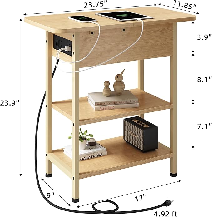 LIDYUK End Table with Charging Station, Flip Top Side Table with USB Ports and Outlets, Nightstand for Small Spaces, Bedside Tables with Storage Shelf for Living Room, Bedroom, Natural