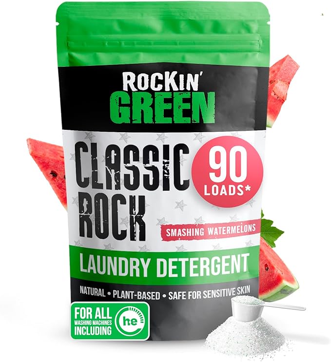 Rockin' Green Classic Rock Laundry Detergent (90 Loads), Plant based, All Natural Laundry Detergent Powder, Vegan and Biodegradable Odor Fighter, Safe for Sensitive Skin, 45 oz (Smashing Watermelons)
