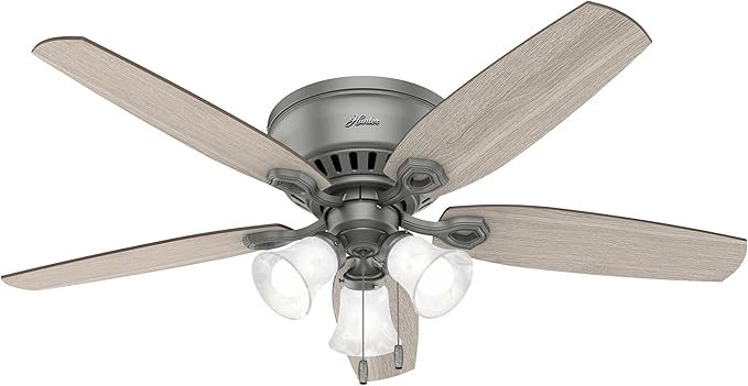 Hunter 52 inch Indoor Ceiling Fan with LED Lights - Ceiling Fan with Pull Chain, For Bedroom, Living Room, or Kitchen, Low Profile Mount, No Remote, 5 Blades - Builder 51113, Matte Silver