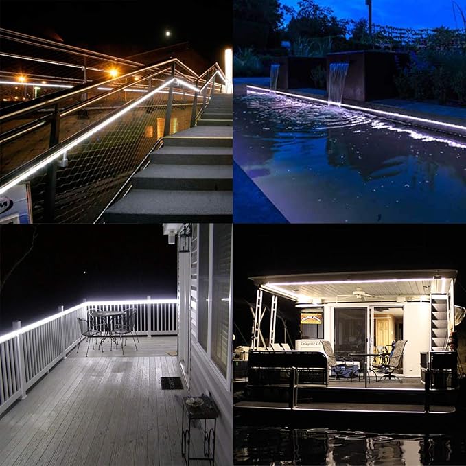 SURNIE 50ft LED Rope Lights Outdoor Waterproof, 110V Flexible Daylight White Bright Lighting Cuttable Connectable, Cool Clear Flat Strip Light 6000K for Outside Deck Patio Camping Decor, Not Tube Rope