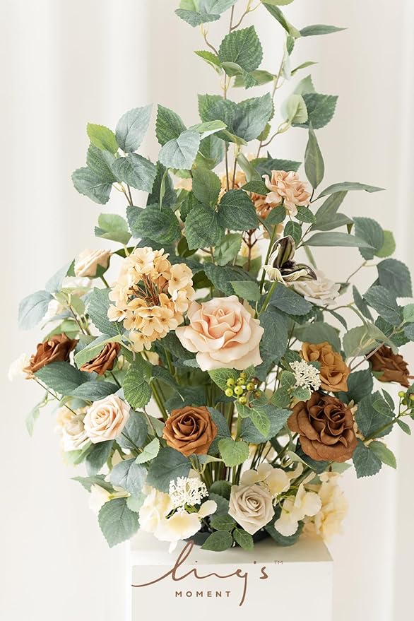 Ling’s Moment 41.0"Tall Free-standing Wedding Aisle Artificial Flowers for Ceremony Decor, 2PCS Apricot & Peach Walkway Fake Floral Chair Markers, Faux Rose Altar Arch Arrangement decorations Outdoor