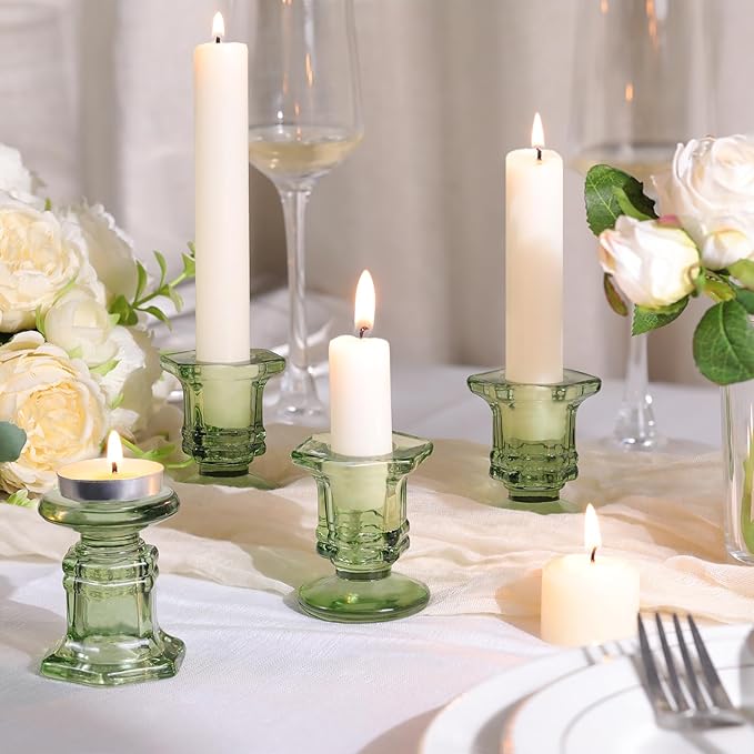 Green Candlestick Holders Bulk, 12 Pcs Glass Candle Holders Set,Crystal Taper Candle Holder for Wedding, Table Centerpiece, Home Decoration