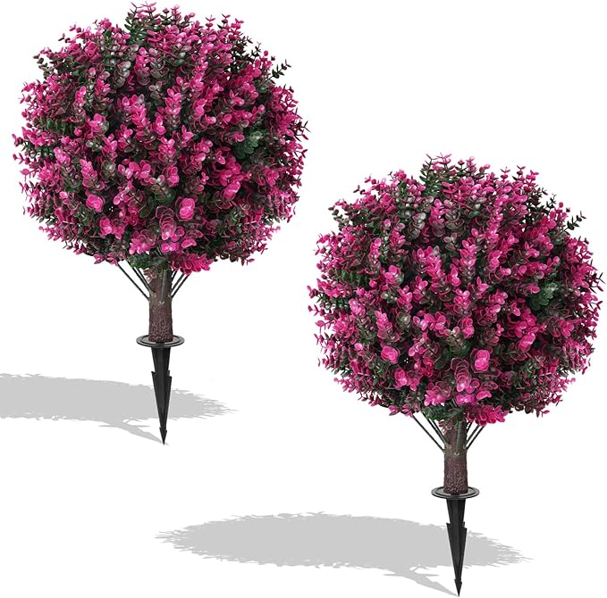 Artificial Pink Eucalyptus Topiary Ball Trees, 2 Set of 16'' UV Resistant Fake Evergreen Shrubs Bushes Plants with Ground Spike, Fake Plants for Outdoor Indoor Front Porch Garden