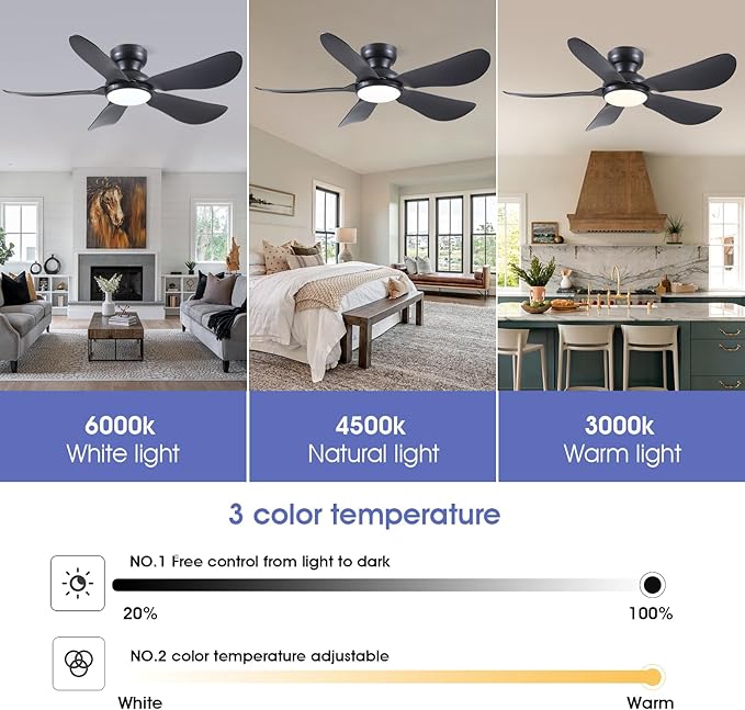 46 Inch Modern Ceiling Fans with Lights, Flush Mount Ceiling Fan with Light and Remote/APP Control, 5 Reversible 6 Speeds Curved Blades, 3 CCT Dimmable Lights for Bedroom, Black