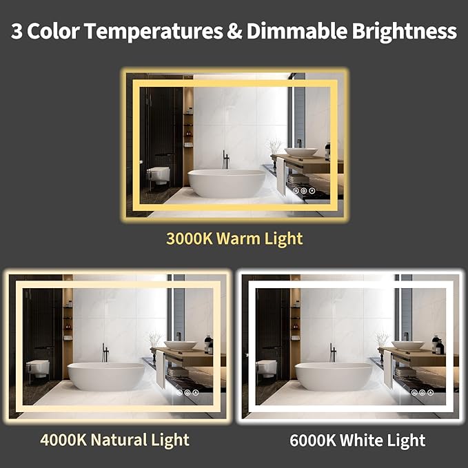 Koonmi 32x48 LED Bathroom Mirror, Backlit + Front Lit, LED Bathroom Mirror with Lights for Wall, 3 Colors, Anti-Fog, Dimmable Brightness, Memory Function, Tempered Glass