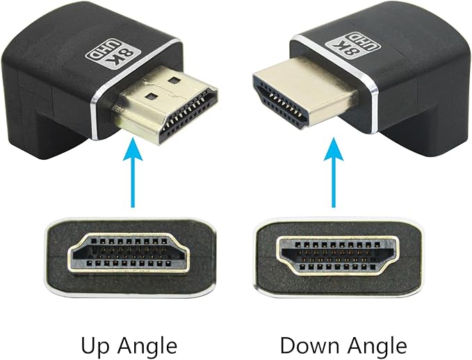 Right Angle HDMI Male to HDMI Female Adapter 8K, Up Angle Gold Plated 90 Degree and 270 Degree, Supporting 8K@60Hz, 4K@120Hz, Suitable for Laptops, PC, Projectors, etc- 2Pcs