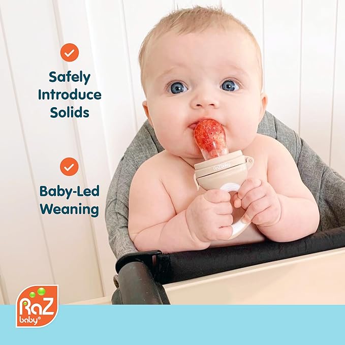 RaZbaby Baby Solids/Frozen Fruit Feeder Pacifier, Infant Teether Toy 6M+, BPA-Free Silicone Pouch & Nipple, Safely Introduce Solids, Natural Teething Relief, Dishwasher Safe, Freezable – Tan/White