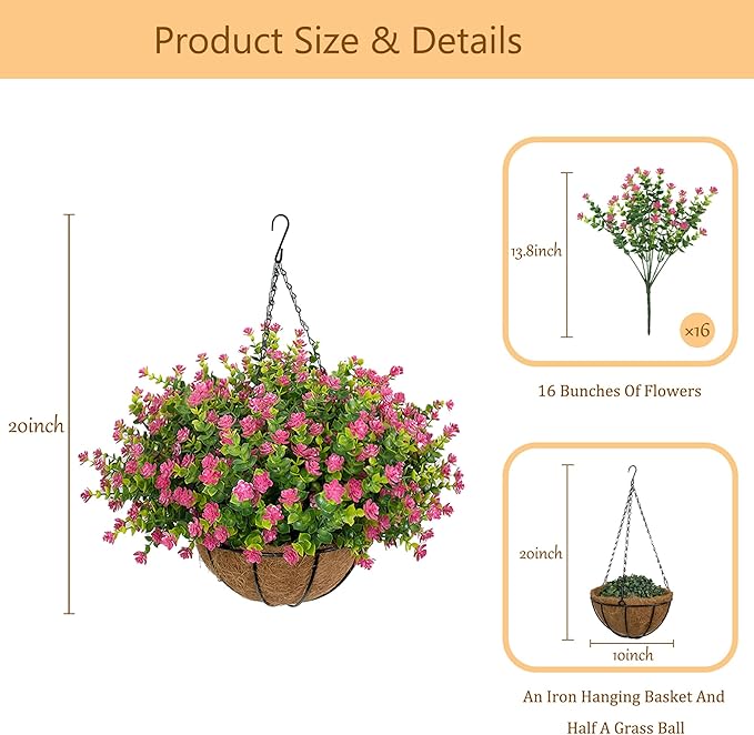 Artificial Hanging Flowers Basket for Outdoor, 16 Fake Flowers Look Real UV Resistant, Faux Hanging Plants for Porch, Balcony, Patio, Garden, Spring Summer Decor,Pink