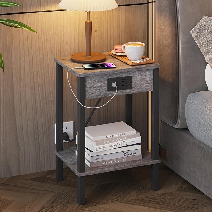 VIMBER Set of 2 End Table with Charging Station, Narrow Side Table with USB Ports and Outlets, Nightstands with 2-Tier Storage Shelves, Sofa Table for Small Space Living Room Bedroom, Grey