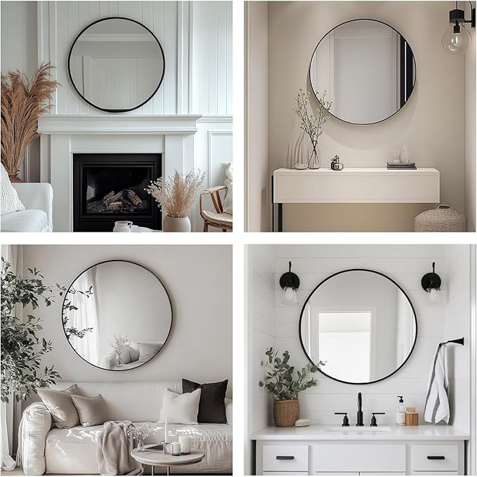 Black Circle Mirror, 20 inch Round Mirror, Black Bathroom Mirror Circular, Round Wall Mirrors for Living Room, Bedroom, Bathroom, Washroom, Rustic, Vanity.