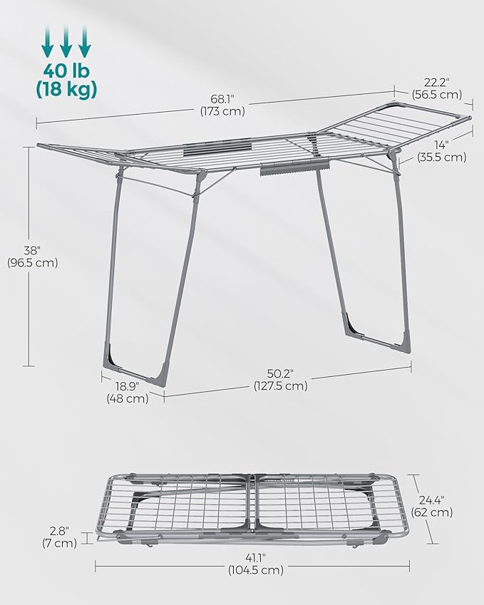SONGMICS Clothes Drying Rack Foldable, Gullwing Laundry Drying Rack, Space-Saving, 22.2 x 68.1 x 38 Inches, Sock Clips, Metal Structure, for Clothes, Towels, Linens, Indoor, Outdoor Gray ULLR518G01