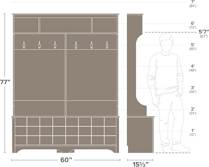 Prepac Gray Hall Tree, Shoe Cabinet, Storage Cabinet with 24 Shoe Cubbies and 6 Double Coat Hooks 15.5" D x 60" W x 77" H