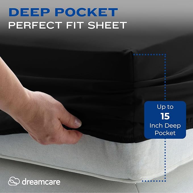 DREAMCARE Queen Size Sheets - Cooling Bed Sheets - 4pcs Set - up to 15" Deep Pocket Queen Sheet Set - Sheets Queen Size Bed - Soft & Long Lasting 100% Fine Brushed Polyester with Side Pocket - Black