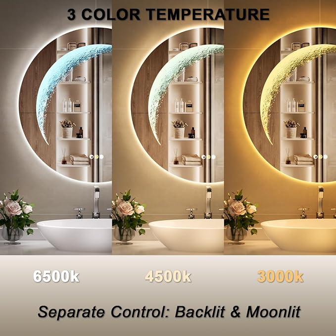 28'' Round Bathroom Mirror with Light, Frameless Circle Mirror with Backlit & Half Moonlight, Anti-Fog, Tempered Glass, Dimming LED Vanity Mirrors for Oversink, Bedroom, Wall Decor, Entryway