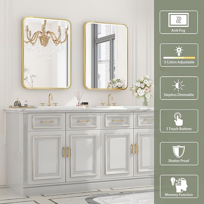 LED Bathroom Mirror with Lights, 20x28 Inch Brushed Gold Metal Frame LED Mirror for Bathroom, Stepless Dimmable 3 Colors Wall Mounted Lighted Bathroom Vanity Mirror, Anti-Fog, Memory