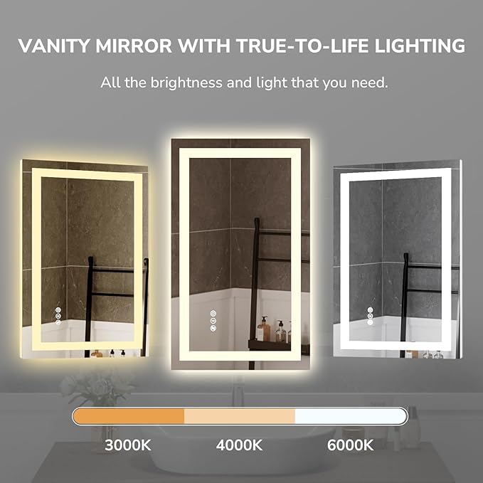 USHOWER LED Bathroom Mirror 72x36 Inch Tempered Glass - Frameless LED Backlit Lighted Mirror for Bathroom Vanity with Anti-Fog, 3 Colors Dimmable, Memory Function, Wall-Mounted