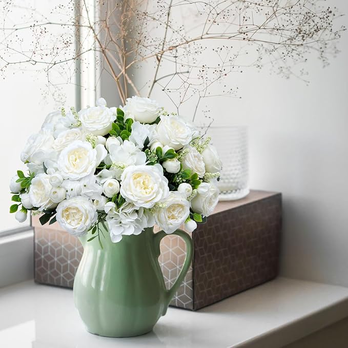 10 Bundles Artificial Peonies, Milky White Hydrangea Artificial Flowers Silk Flowers for Indoor Home Decor Bedroom Kitchen Office Wedding Table Centerpieces