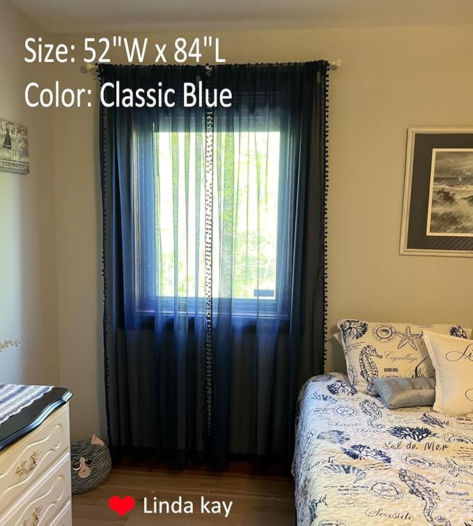 Treatmentex Sheer Blue Curtains for Bedroom Window 95 inches Long Linen Textured Pom-Pom Voile Drapers for Kids Bed Canopy Navy Rod Pocket 2Pack
