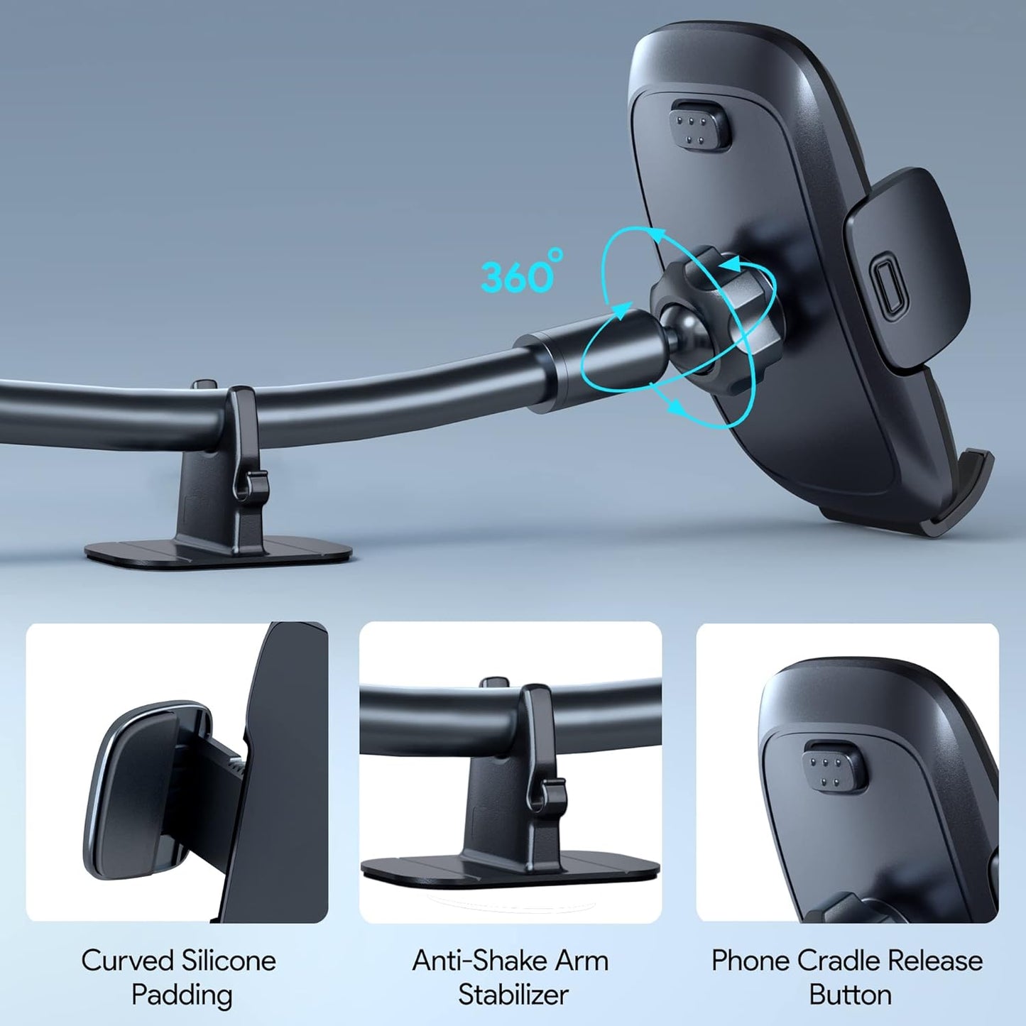 Phone Mount for Car [6.2in Flexible Arm] Cell Phone Holder for Windshield Dashboard, [Washable Strong Suction]