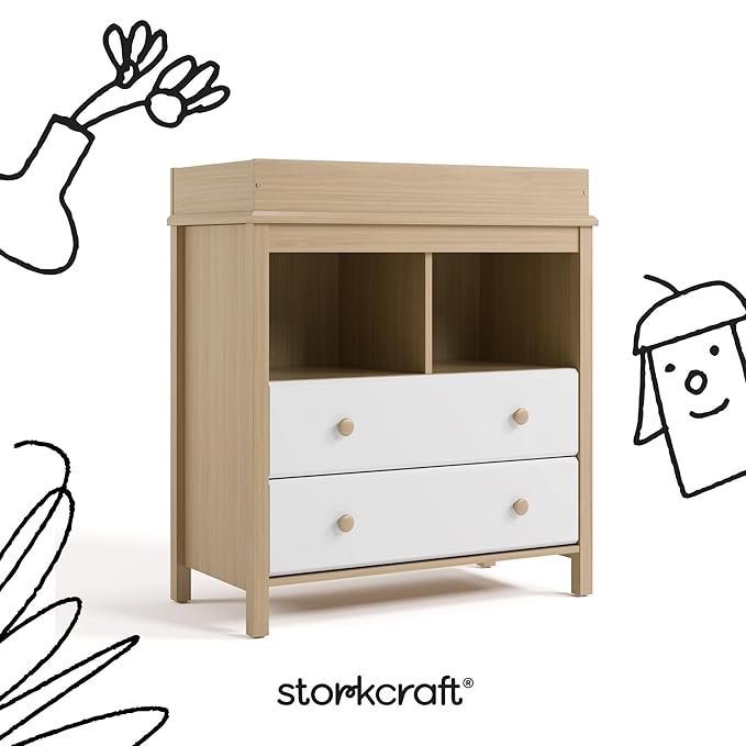 Storkcraft Alpine Nursery Changing Table Dresser Combo (White with Driftwood) – GREENGUARD Gold Certified, Dresser for Nursery, Changing Table with Drawers, Removable Changing Table Topper