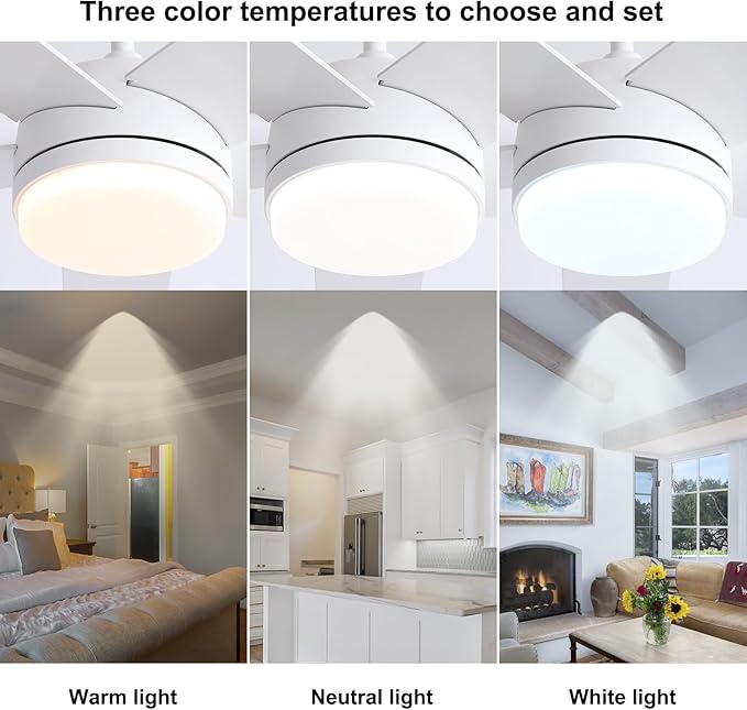 YUHAO 44 Inch White Ceiling Fan with Light and Remote Control.Noiseless,Dimmable,3CCT,6 Speeds Reversible, DC Ceiling Fans for Indoor or Covered Outdoor