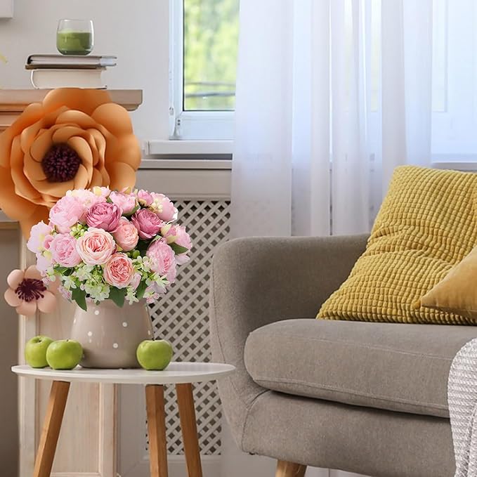 Geosar 8 Bundles Artificial Peonies Flowers Fake Silk Peony Bouquet Faux Peonies Flowers Bulk for Decoration Vase Floral Arrangements Wedding Party Table (Russet Red,Light Pink)