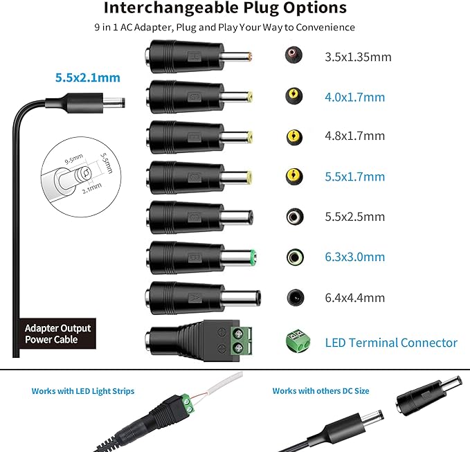 Tonton 12V 2A 6Ft Power Supply Adapter, 24W Universal Charger AC 100-240V with 8Tips to 12Volt DC Plug 2A 1.8A 1.5A 1.2A 1A 0.5A UL/CE/FCC Certified for LED, Router, Security Camera, Keyboard, Scanner