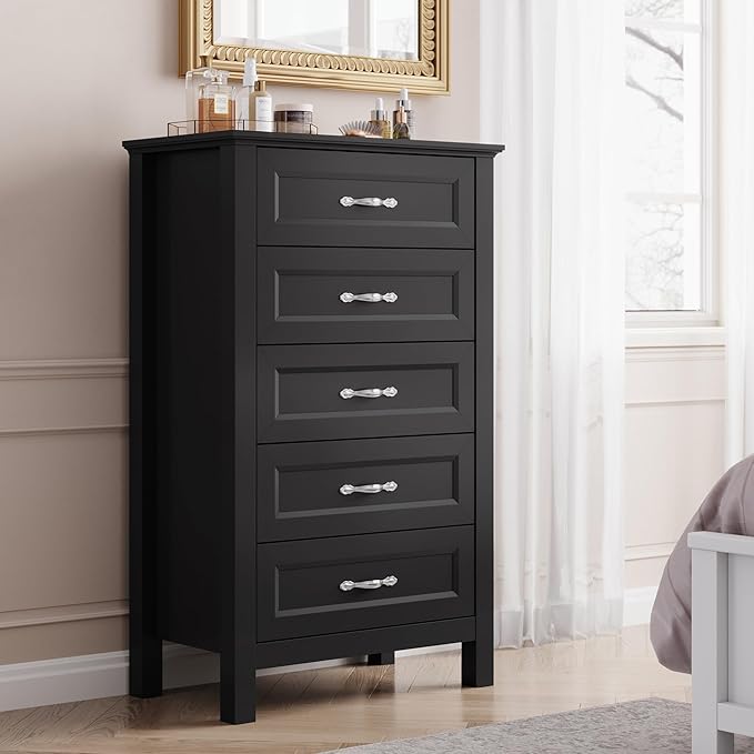 LINSY HOME Dresser for Bedroom, 5 Drawer Dresser with Metal Handles, Tall Chest of Drawers for Living Room, Entryway and Hallway, Black