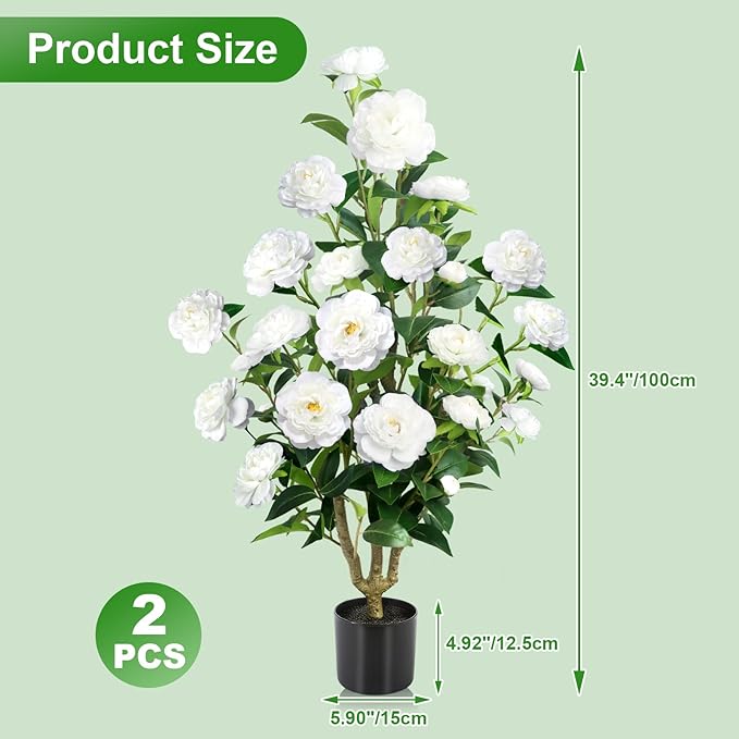 Faux Outdoor Plants 2 Pcs - 39’’ Artificial Camellia Tree Potted with White Flowers, Artificial Plants Outdoor Porch Front Door Garden Indoor Office Home Wedding Decor Housewarming Gift