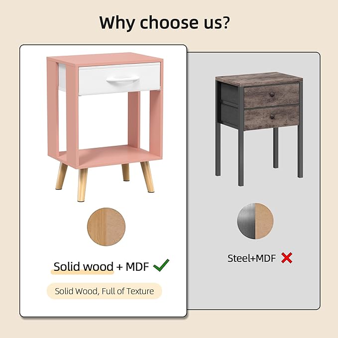 GYIIYUO Nightstands Set of 2 with Fabric Storage Drawer and Open Wood Shelf, Side Table with Storage for Bedroom, Bedside Tables - Pink