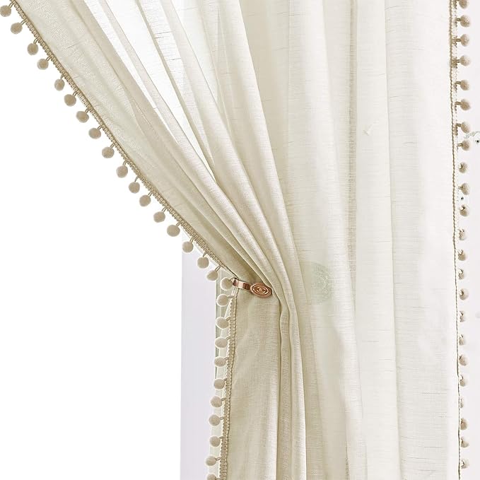 Treatmentex Pompom Linen Sheer Curtains for Living Room Bedroom 72 inches Long Slub Textured Window Curtain Drapes for Office 2 pcs, Beige