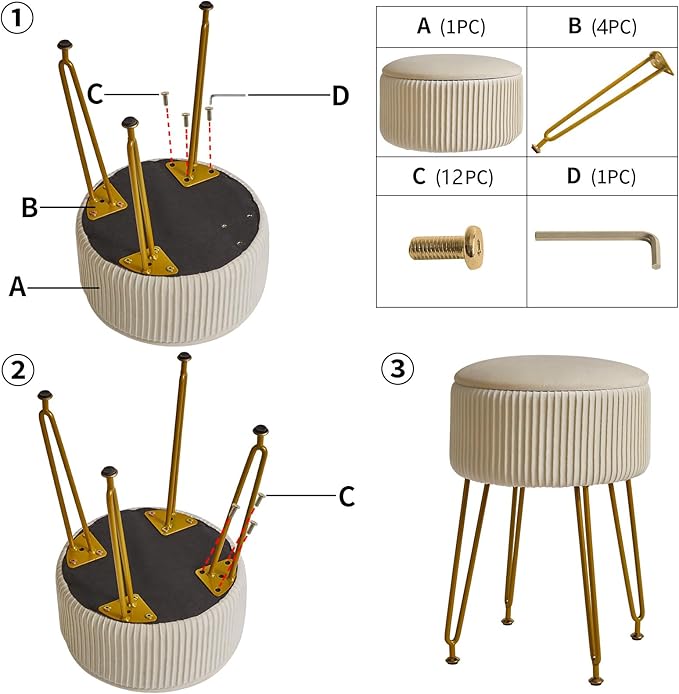 IBUYKE Velvet Storage Footrest Stool Ottoman, Makeup Vanity Stool Side Table with Golden Steel Legs Removable Cover, Coffee Table Top Cover, Creamy-White LG-20M