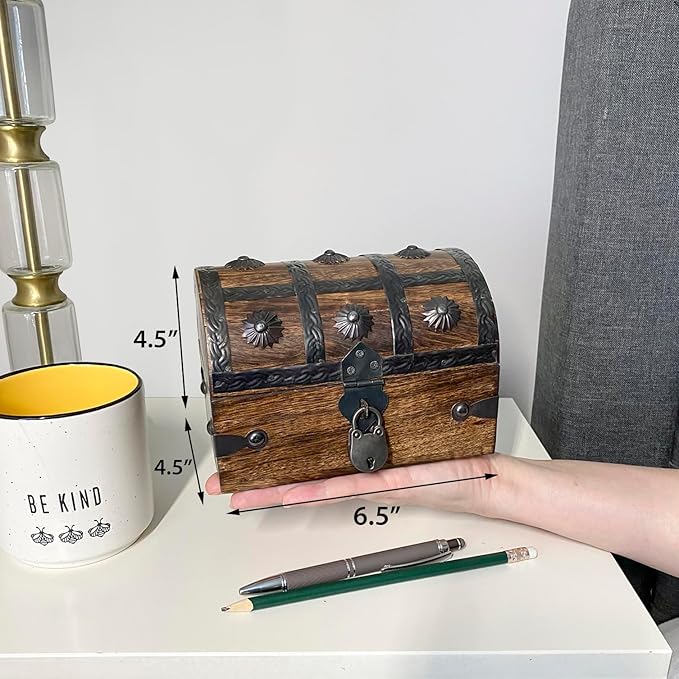 Nautical Cove Handmade Pirate Treasure Chest for Kids Prizes & Classroom with Lock and Skeleton Keys – Lockable Wooden Storage Chest Box, Pirate Decor, Decorative Wooden Box - X-Small 6.5x4.5x4.5