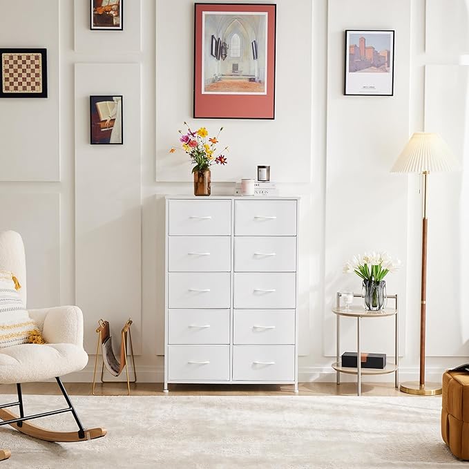 DUMOS Dresser for Bedroom, 10 Storage Drawers, Wide Fabric Closet Chests Organizer Tower Furniture with Wooden Top Metal Frame for Clothes, Guest Room, Living Room, Hallway, Entryway