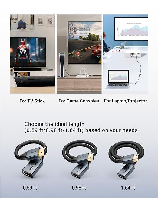 VCELINK 8K Short HDMI Extender Cable 2 FT Ideal for Tight Spaces, HDMI Extension Cable Support 8K@60Hz, 4K@120Hz/144Hz, HDCP 2.2/2.3, Compatible with Roku TV Stick, HDTV, Game Console, Laptop, 1 Pack