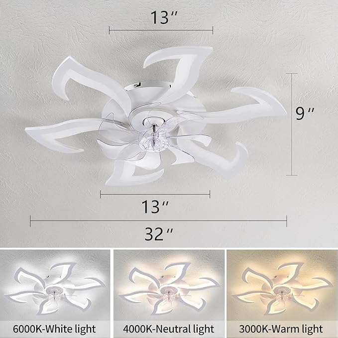 Modern Ceiling Fan with Lights Remote Control, 32" White Flush Mount Fan with 3 Light Colors, 6 Speeds Low Profile Ceiling Fan for Kitchen Bedroom